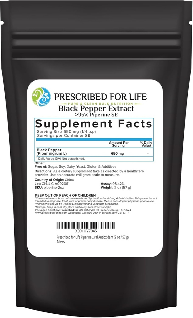 생활 관 분말, 95% 까만 고추 추출물 분말, 부스트 Nutrient 흡수, 글루텐 자유로운, Vegan, 비 GMO, 자연적인 산화 방지제 (2oz/56g)를 위해 Prescribed