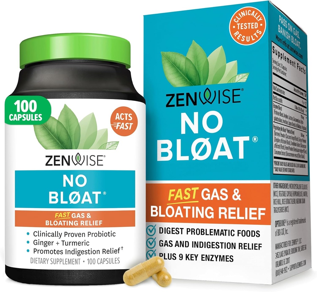 Zenwise Health No Bloat Digestive Enzymes for Gut Health, Gas & Bloating Relief - Probiotics, Ginger, Turmeric Dandelion & Lactase와 멀티 효소 보충 - 남성 및 여성 - 100 개 카운트