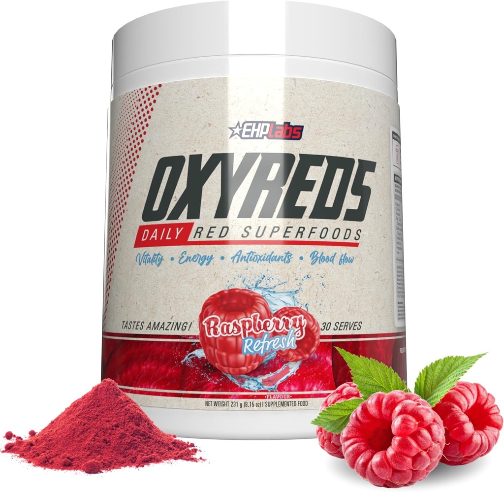 EHP Labs OxyReds Superfood Beets Powder - Nitric 산화물 보충교재, 유기 사탕수수수수 뿌리 분말, 소화 건강을 위한 면역 지원 보충교재 & Prebiotics, 사탕수수수수 분말 - 라즈베리 새로 고침, 30의 서빙