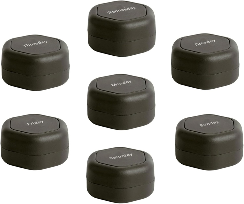 Cadence Travel Containers - 알약 케이스 세트 - 마그네틱 여행 캡슐, 매일 약 주최자, 보충제, & 비타민 - 7 플렉스 작은 (0.56oz) 주간 알약 주최자 - 숯