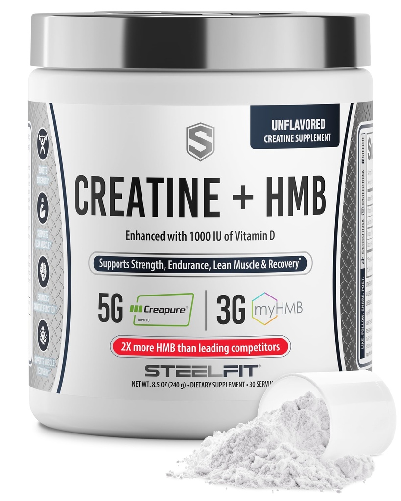 SteelFit Creatine HMB 분말 - 5g Creapure Creatine Monohydrate 분말, 3g myHMB & 1000 IU 비타민 D - 운동 보충교재 지원 근육 성장, 힘, 회복 & 에너지 - Unflavored, 30의 서빙