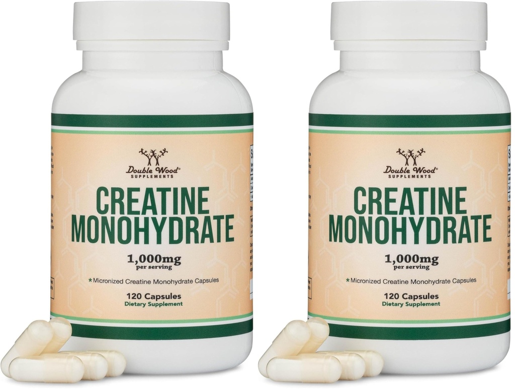 크레아틴 Monohydrate 캡슐 - 서빙 당 1g, 120 조사 - 필러 없음, Vegan 안전, 비 GMO, 글루텐 더블 우드 (패키지 2)에 의해 무료