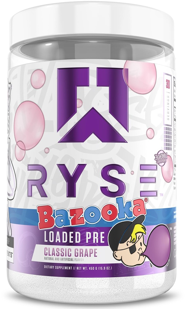 RYSE로드 사전 운동 분말 - Bazooka 포도 - 390mg Caffeine, Beta Alanine, 및 펌프, 초점 및 에너지를위한 Citrulline을 가진 남성 및 여성을위한 매일 사전 운동 - 30 서빙