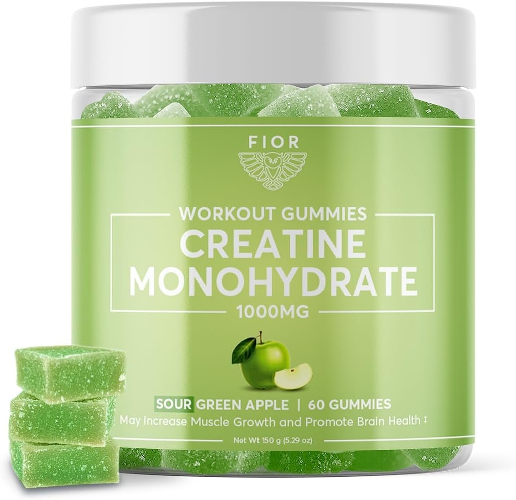 FIOR Creatine Gummy - 최고의 Creatine Monohydrate Chewable, 60 카운트, 운동 & 단백질 보충교재, Cognitive 증진, Sour Green Apple 풍미, 30 서빙