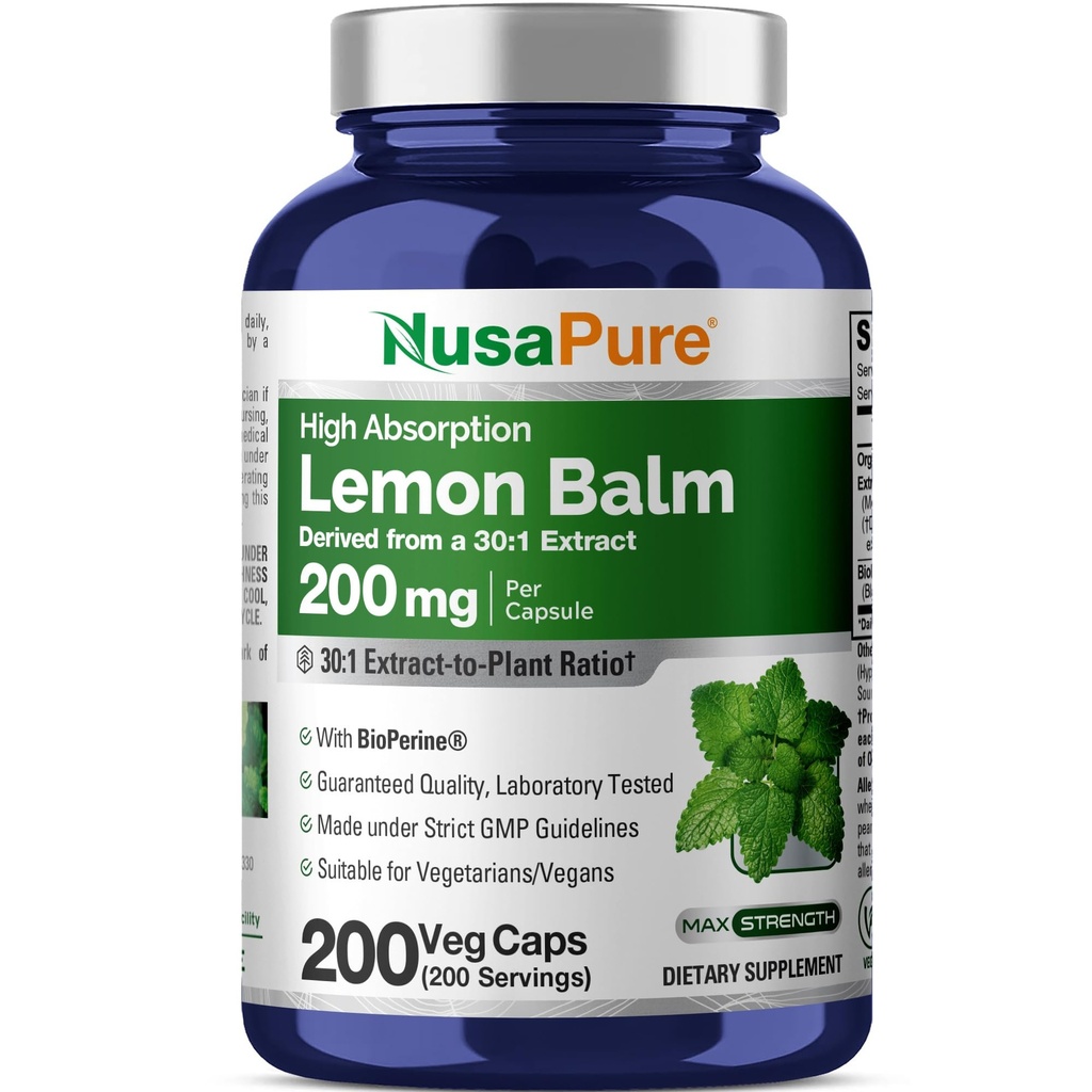 NusaPure 레몬 발름 30:1 추출물, 채식주의자 모자 당 6000mg에 동등한 200 mg - 200 조사 비 GMO, 채식주의자 Bioperine