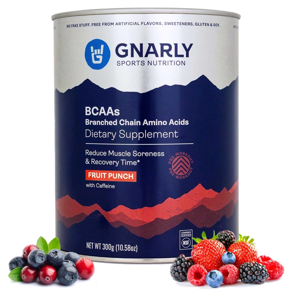 Gnarly 영양 BCAA 분말, 과일 펀치 - 사전 운동 BCAAS 아미노산 - NSF 스포츠 인증 - 지원 및 재건 근육에 보충 - 카페인 과일 펀치, 10.58 온스