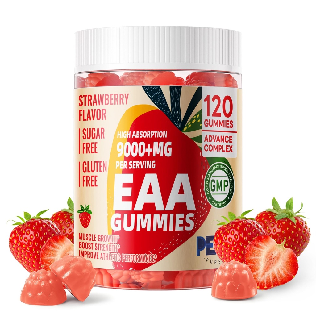 Pets Purest EAA Gummies 120 Gummies (Strawberry), 필수 아미노산 - 모든 9 필수 아미노산 (EAA) 및 모든 분지 체인 아미노산 (BCAA), 비 GMO, 글루텐 무료, 채식 친화적 인