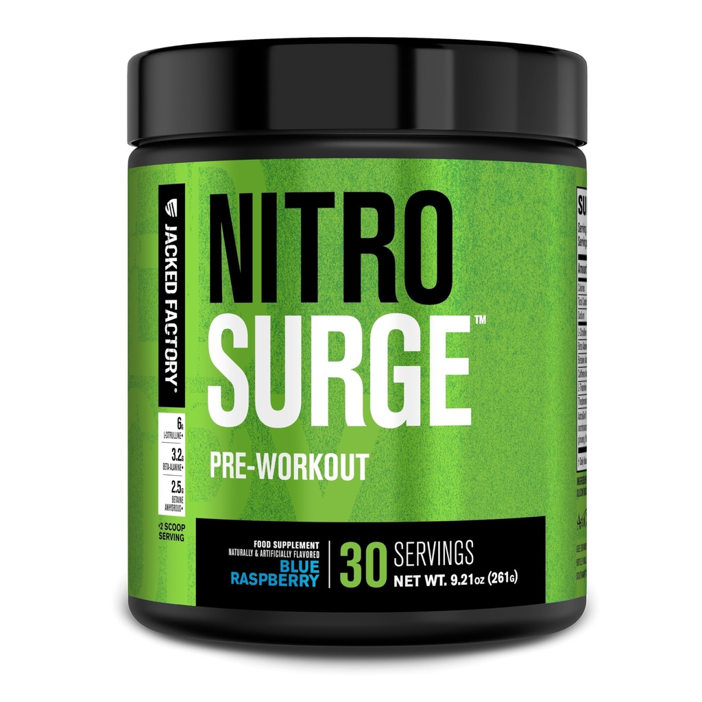 Jacked Factory NITROSURGE Pre Workout 보충교재 - 에너지 부스터, 즉시 힘 이익, 명확한 초점 & 강렬한 펌프 - NO 부스터 & 강력한 Preworkout 에너지 분말 - 30 서빙, 블루 라즈베리