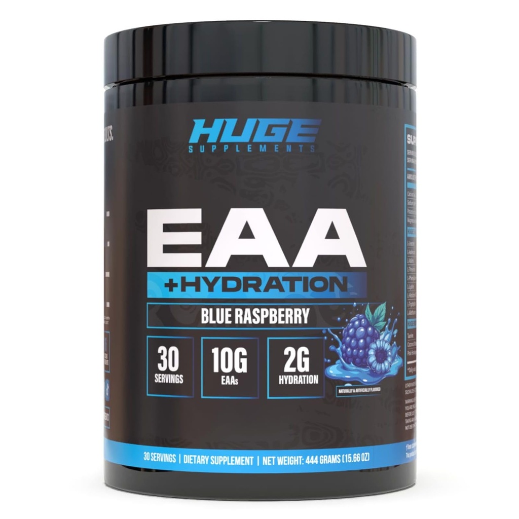 거대한 EAA + Hydration의 근본적인 아미노산 분말, EAAs & BCAAs, Intra & 포스트 운동 회복 분말, 근육 성장, 회복 & 성과, 10g EAAs & Electrolytes의 30의 서빙 (파란 라즈베리)