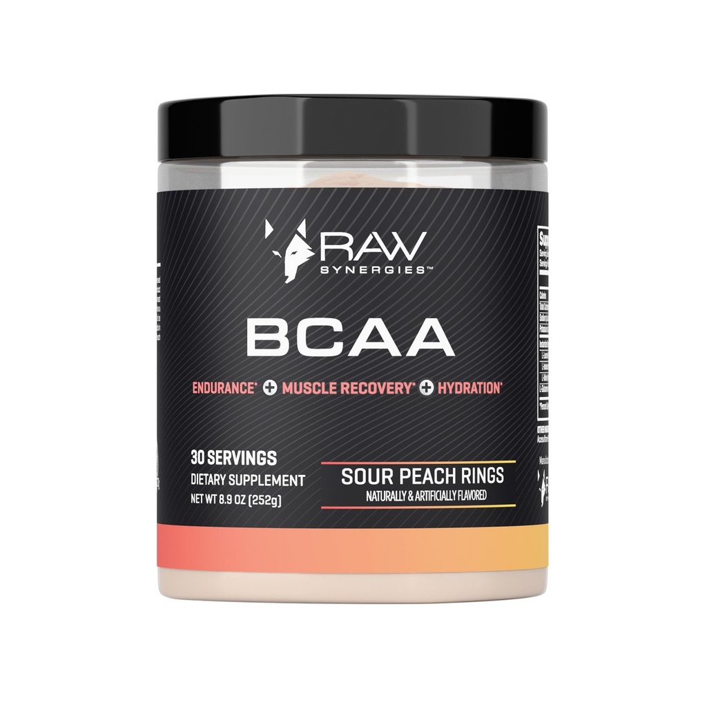 RAW Synergies BCAA 분말 – L 글루타민을 가진 Vegan 2:1 아미노산 – 근육 회복, 내구시간 & Hydration 지원 – Sour 복숭아 반지, 30의 서빙