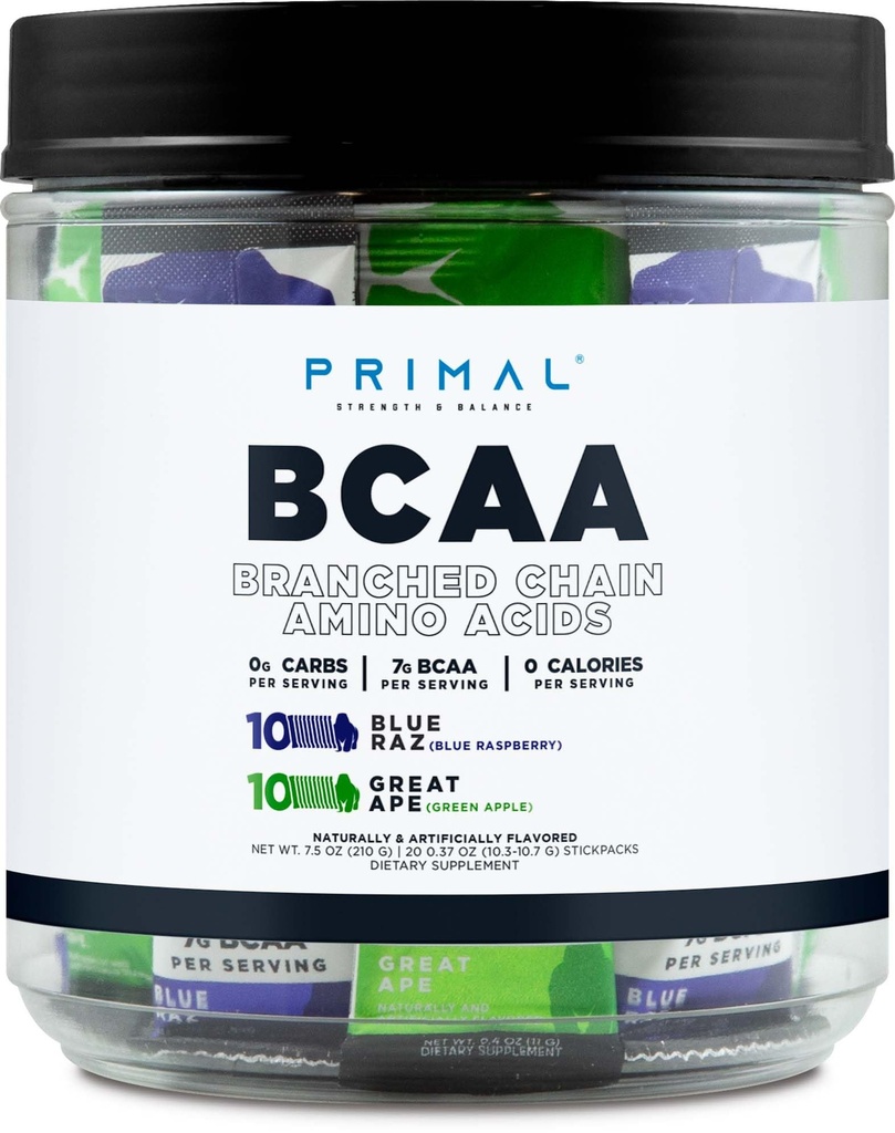 Primal BCAA 다양성 팩, 파란 나무 딸기 + 중대한 Ape 녹색 사과는 (20개의 끈으로 엮습니다) - 봉사 당 7G BCAA, 분지된 사슬 아미노산