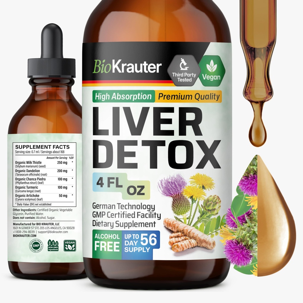 BIO KRAUTER® Liver Cleanse Detox & Repair* - 우유 이틀, Chanca Piedra, Turmeric, Dandelion Root & Artichoke 700 mg - 4 Fl.Oz 56-Day of Supply - 알코올 및 설탕 무료