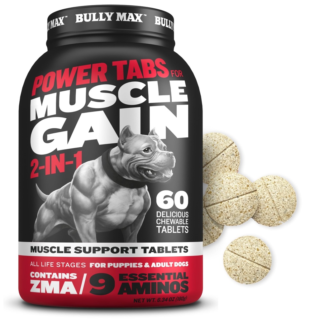Bully Max 2-in-1 Muscle Builder Chewable Tablets for Puppies & Adult Dogs - Puppy & Dog Vitamins & Muscle Gain & Growth - 모든 품종 및 연령을위한 궁극적 인 Canine Multivitamins - 60 탭