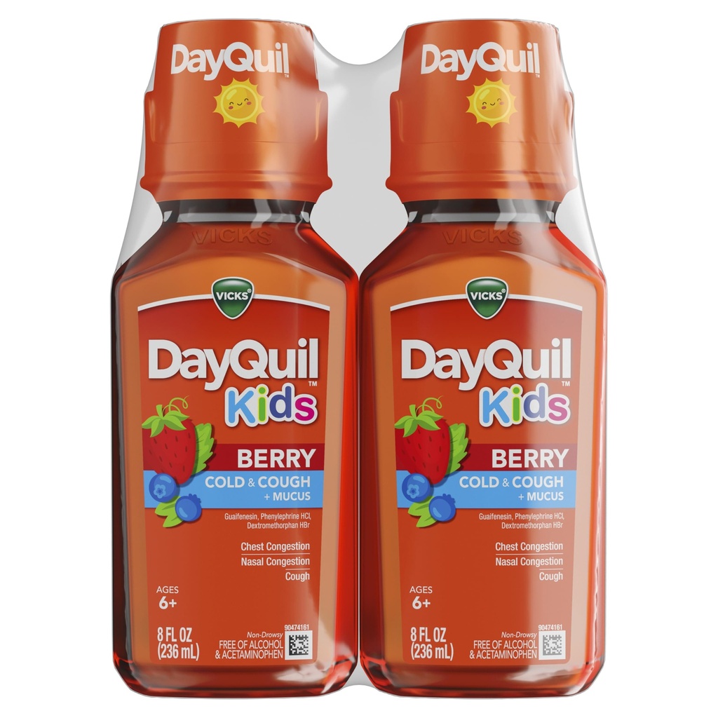 Vicks Kids DayQuil Berry Cold & Cough Medicine Co-Pack, Multiple Symptoms, Great-Tasting Berry flavor의 주간 구호, 알코올 및 Acetaminophen 무료, 6 세 이상, 2x8oz