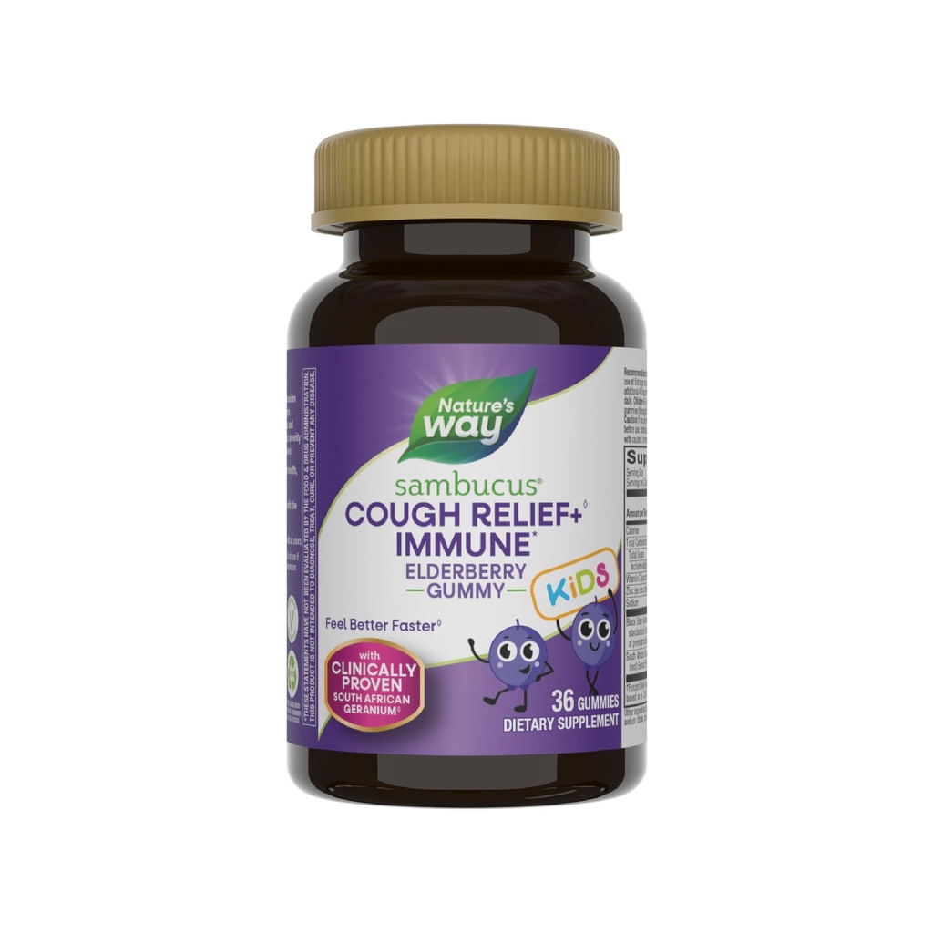 Nature's Way Sambucus Kids Cough Relief +(1) Immune Gummy*, Feel Better Faster(1), Elderberry, 비타민 C 및 아연, 글루텐 프리, 채식, 36 구미와 함께 임상적으로 입증 된 남아프리카 Geranium