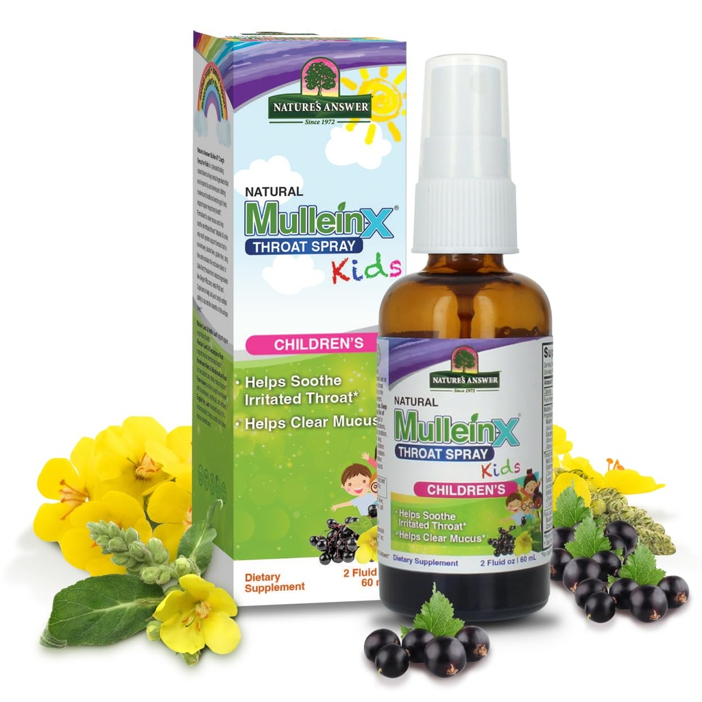 자연의 답변 Mullein X Kids Throat Spray 2oz - 글루텐 무료, 채식, 알코올 무료, 비 GMO, Clears Mucus, Soothes Irritated Throat, Made in USA - 어린이, 유아 여행 크기 지원
