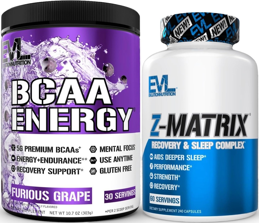 Evlution ZMatrix 마그네슘과 아연 포스트 운동 보충교재 (60의 서빙) 플러스 Replenishing BCAAs 아미노산 분말 사전 & 포스트 운동 (Grape, 30 서빙)
