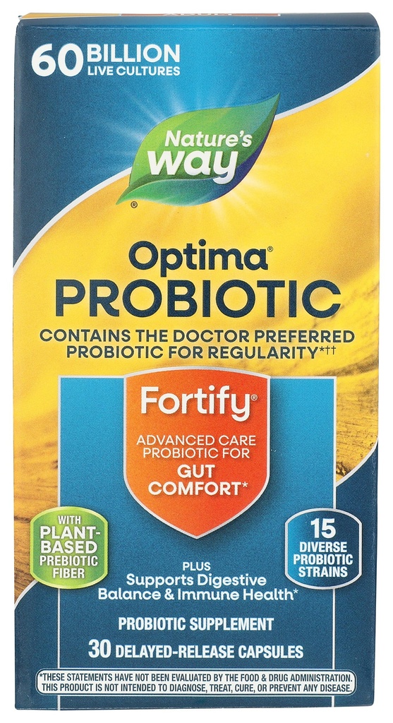 Nature's Way Fortify Optima Probiotic for Adults, 60 Billion Live Cultures, 15 Strains, Gut Comfort*, 소화 균형 및 면역 건강 지원*, 냉장 보관, 30 캡슐 (포장 월병)