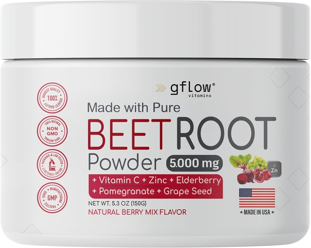 Beet 뿌리 분말 - 니트로 산화물 부스트와 심장 건강 - Non-GMO Superfood 보충교재 - 자연적인 베리 혼합 풍미, 30의 서빙