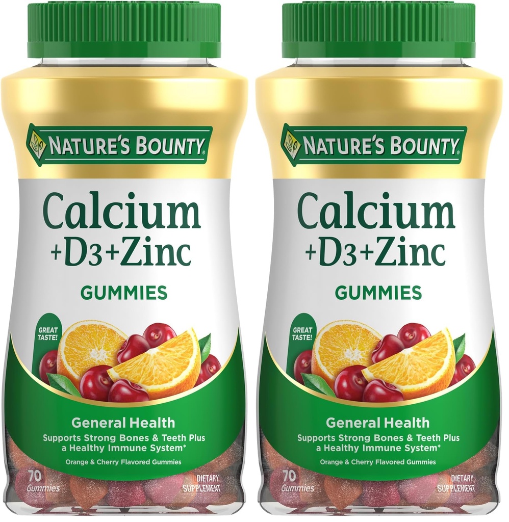 자연의 Bounty 칼슘 + D3 + 아연 Gummies, 건강한 면역 체계, 500mg, 오렌지 및 벚꽃 맛, 70 Gummies (포장 2) 플러스 강한 Bones & Teeth