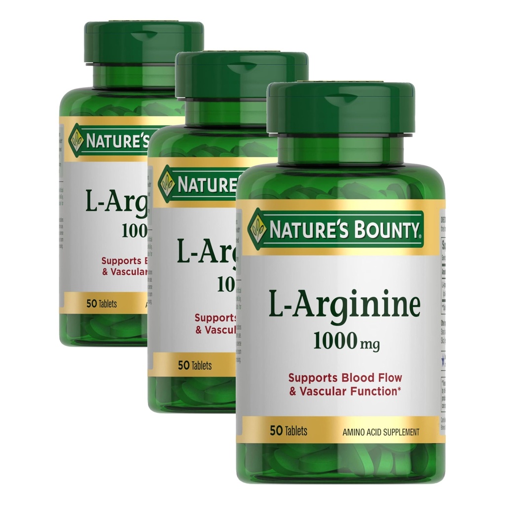 Nature 's Bounty L-Arginine 1000mg for Supporting Blood Flow and Vascular Function – 비 GMO, 글루텐 무료, 50 정제 (패키지 3)