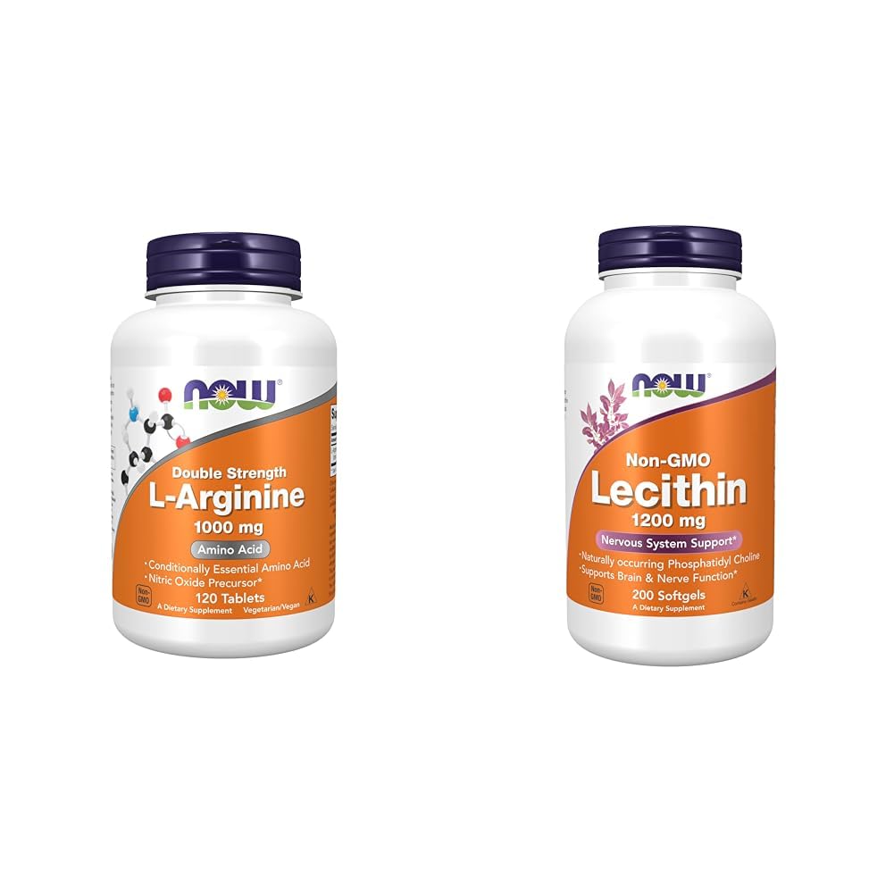 지금 보충 교재, L 아르기닌 1,000 mg, Nitric 산화물 Precursor*, 아미노산, 120의 정제 & 보충교재, 자연적으로 Occurring Phosphatidyl Choline, 200 Softgels를 가진 Lecithin 1200 mg