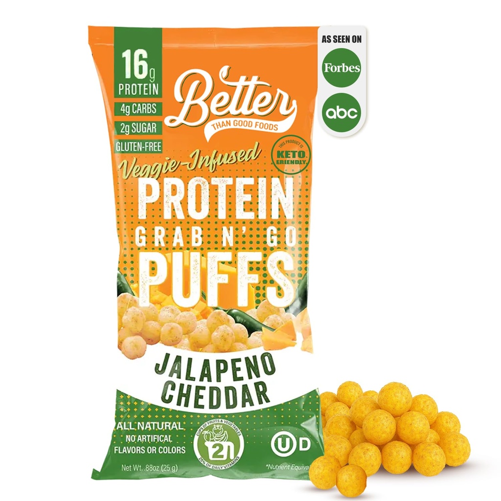 좋은 사보리 Keto Jalapeno Cheddar Protein Puffs보다 더 나은 | 글루텐 - 무료 -16g Protein, 낮은 설탕, 낮은 칼로리, 당뇨병 친화적 인 스낵 | 낮은 캐비티, 건강한 아이 스낵 | 인공 풍미 (12 팩) 없음