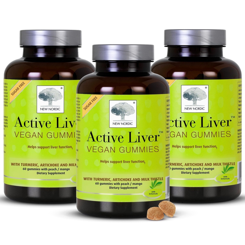 새로운 북유럽 활성 간장 Gummies, 우유 이틀, Artichoke & Turmeric Supplement, 자연 복숭아 & 망고 맛, 설탕 무료 & Vegan, 60 개 (팩 3)