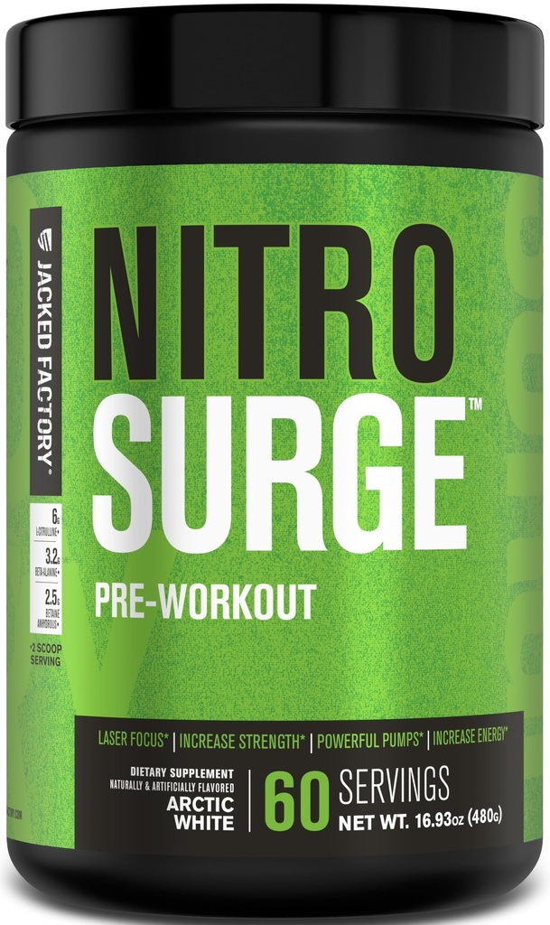Jacked Factory NITROSURGE Pre Workout Supplement - Endless Energy, Instant Strength Gains, Clear Focus, Intense Pumps - NO 부스터 및 강력한 Preworkout Energy Powder - 60 서빙, Arctic White