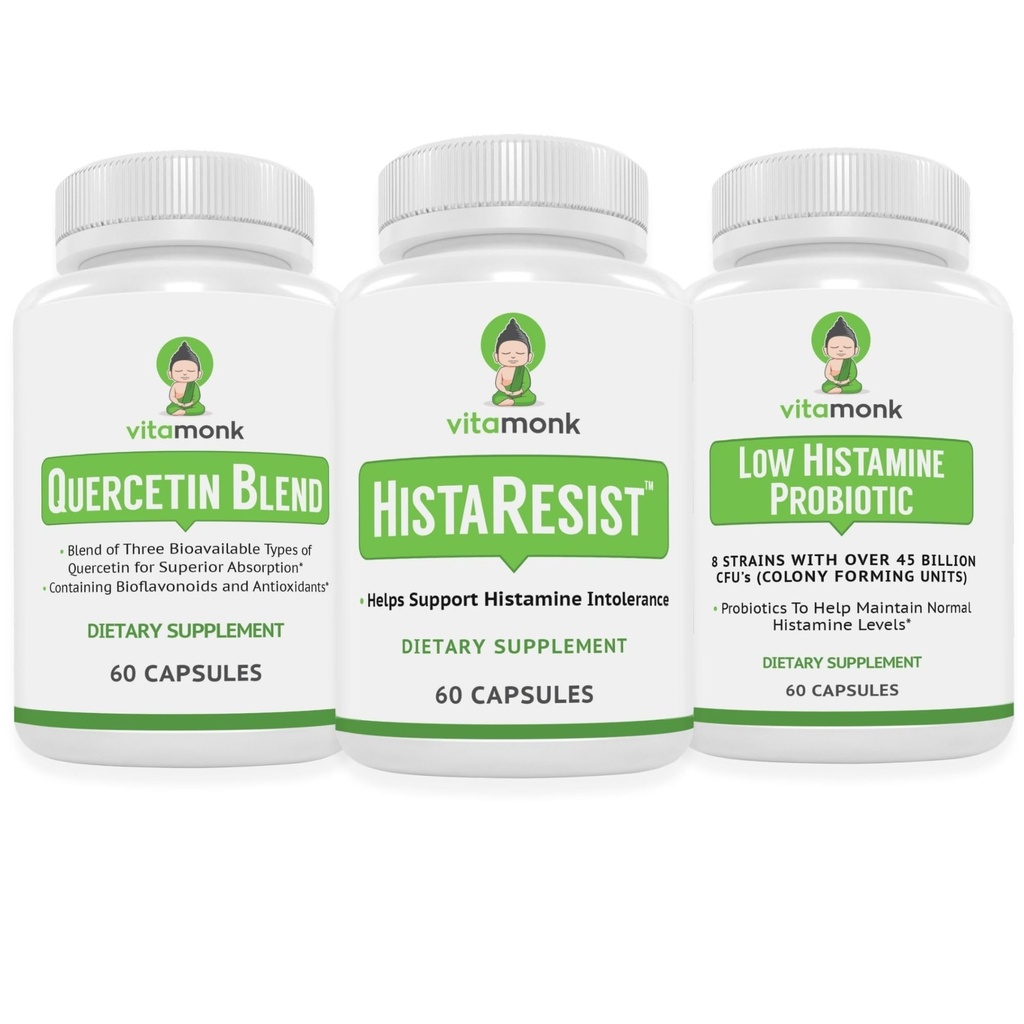 VitaMonk Quercetin, HistaResist & 낮은 Histamine Probiotics - 면역, 소화 및 산화 지원 - Quercetin 500mg, DAO 효소, 45 억 CFU
