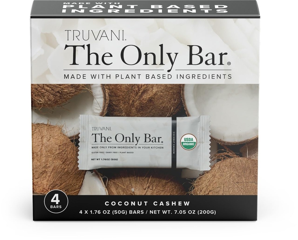 Truvani 플랜트 기반 스낵 바 | 코코넛 캐슈 4 팩 | 5g Protein | USDA Organic and Vegan | The Only Bar | 다이너스티, 소이, 글루텐 프리 | 개별적으로 포장