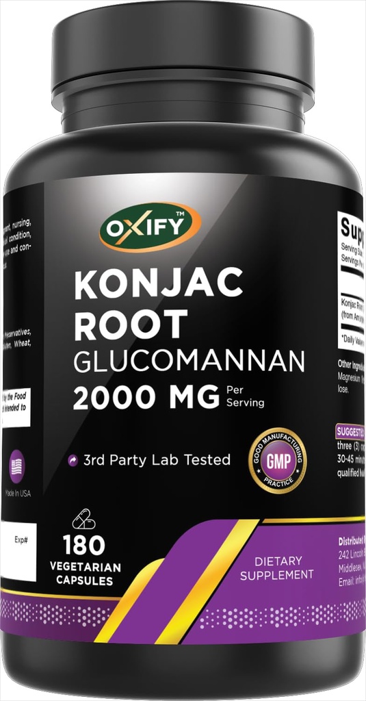 Oxify Konjac Root Glucomannan 2000 mg | 180 채식 캡슐 | 글루텐 프리, 비 GMO | 미국에서 만든 보충