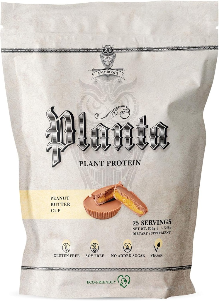 Ambrosia Planta - 프리미엄 플랜트 기반 단백질 | Vegan & Keto Friendly | Bloating or Stomach Upset | 글루텐 & Soy Free | 추가 설탕 | 25 인분 | 땅콩 버터 컵