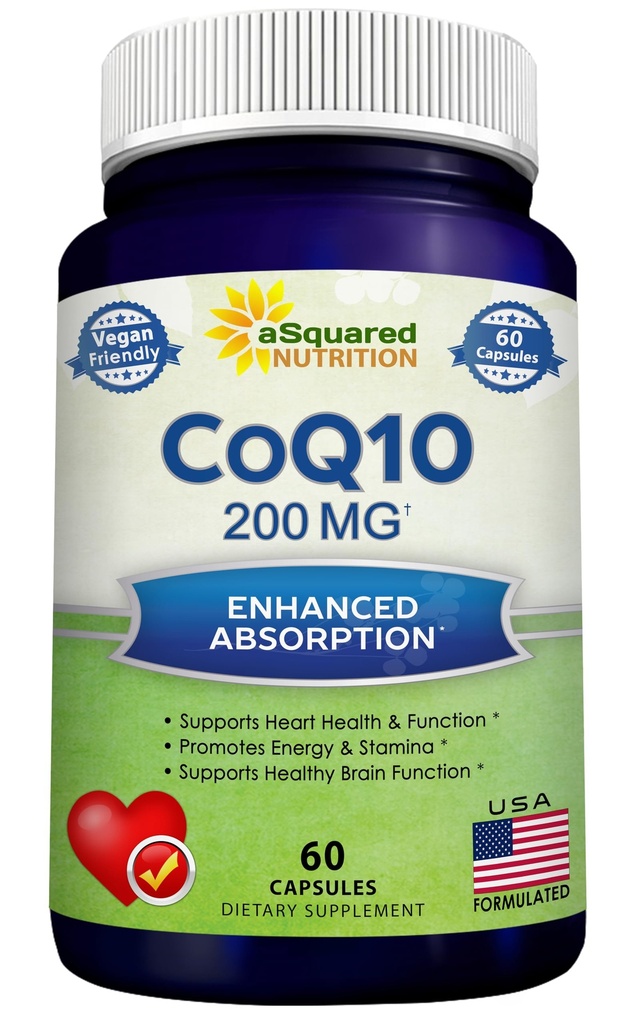 aSquared 영양 CoQ10 200mg - 60 캡슐 - CO Q 10 보충교재 - Coenzyme Q10 Ubiquinone 알약 - Vegan CoQ-10 여분 산화 방지제 비타민 - Softgels & Gummies에 대안