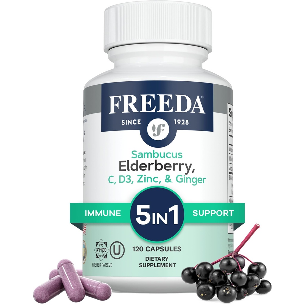 비타민 C, 아연, 비타민 D3 & Ginger를 가진 FREEDA Sambucus Elderberry - 여자 & 남자를 위한 1개의 초본 산화 면역성이 있는 면역성 지원 보충교재에 대하여 5 - 글루텐 자유로운 성인 Elderberry 캡슐, 미국 만드는 (120 조사)