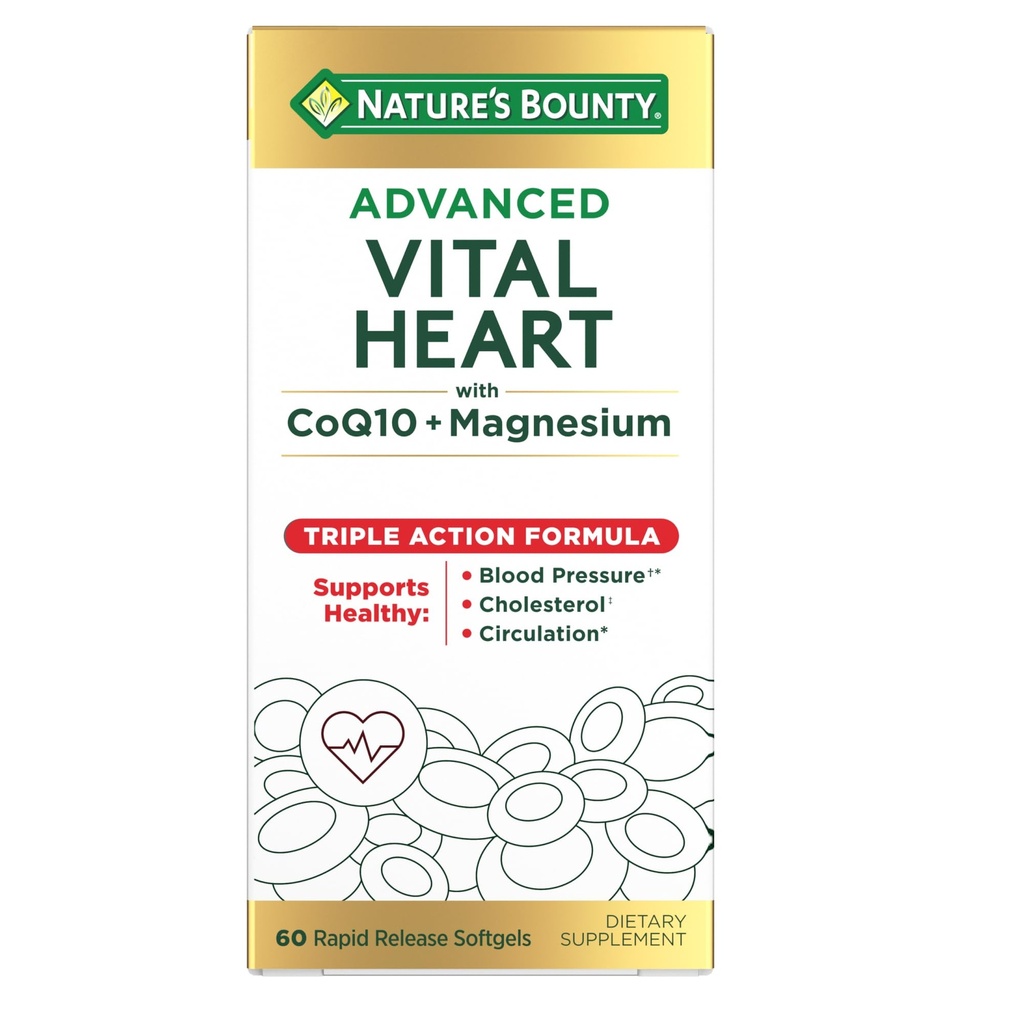 Nature 's Bounty Advanced Vital Heart with CoQ10 + 마그네슘, 산화 방지제, 건강한 혈압, 콜레스테롤, 순환, 트리플 액션 포뮬러, CoQ10, 마그네슘 보충, 60 Softgels