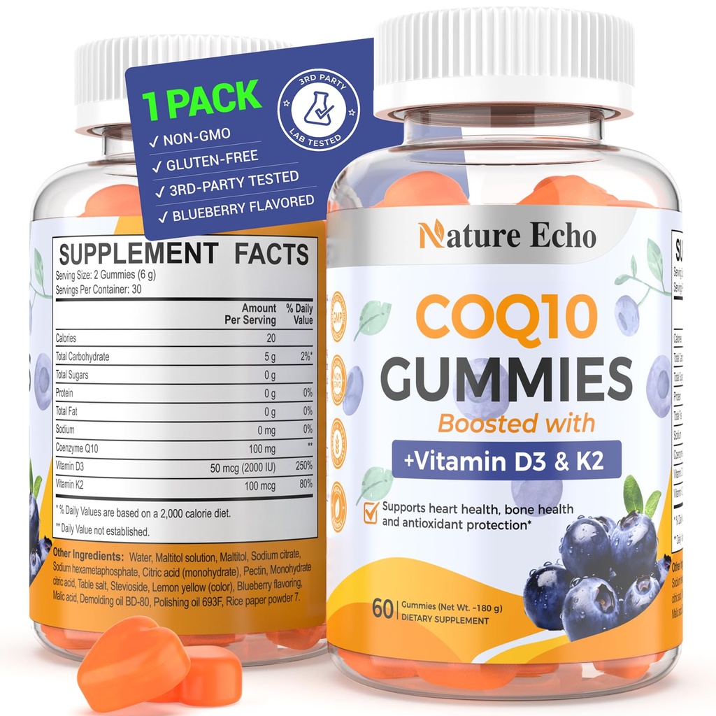 성격 Echo® CoQ10 Gummies 100mg의 비타민 D3 & K2, Coenzyme Q10 보충교재 블루베리 풍미, 설탕 자유로운, 심장 건강, 뼈 지원 & 산화 방지제, 비 GMO 60 Gummies를 가진 CoQ10 보충교재