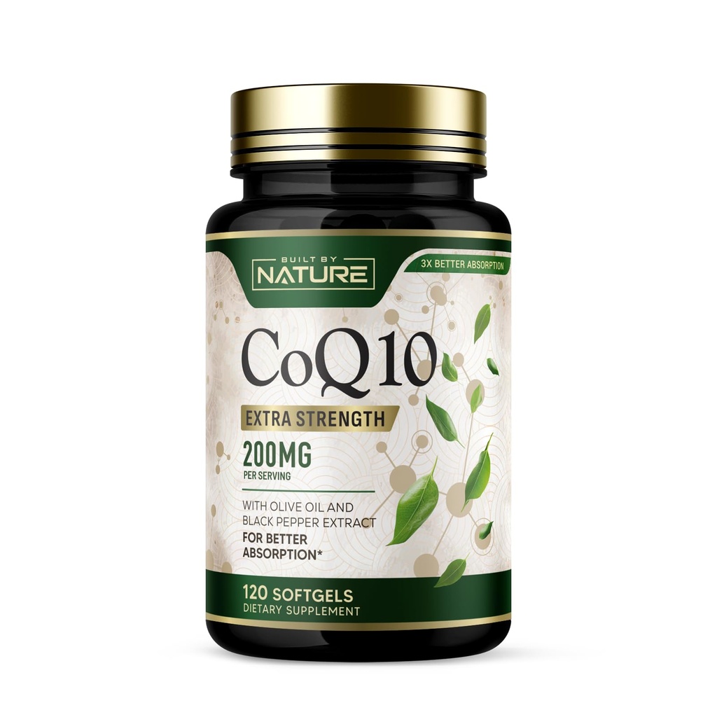 자연 CoQ10 200 mg에 의해 구축 - 올리브 오일과 검은 후추와 올리브 오일과 높은 흡수를위한 Coenzyme Q10 - 심장 건강 및 에너지 지원 - 산화 보충 - 2 개월 공급, 120 Softgels