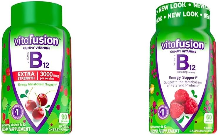 에너지 대사 지원, 체리 및 라즈베리 맛, 미국 번호 1 상표, 90 및 60 조사를 위한 Vitafusion 비타민 B12 거미 비타민