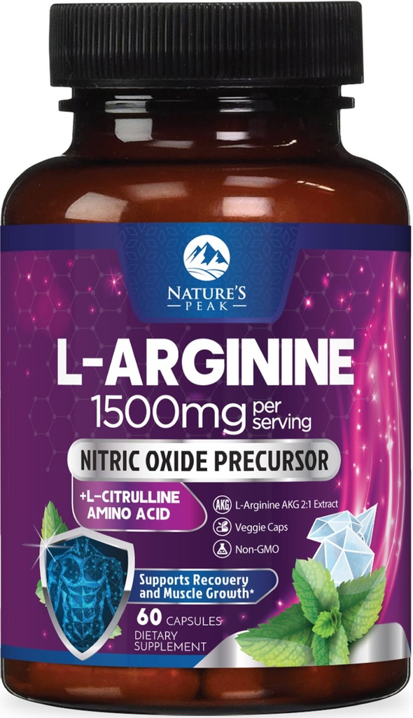 L-Arginine Complex - 추가 강도 니트로 산화물 부스터 보충 - 천연 심장 건강 및 근육 지원을위한 프리미엄 에너지 혼합 - 남성 및 여성용으로 제작 된 비 GMO, 미국 - 60 캡슐