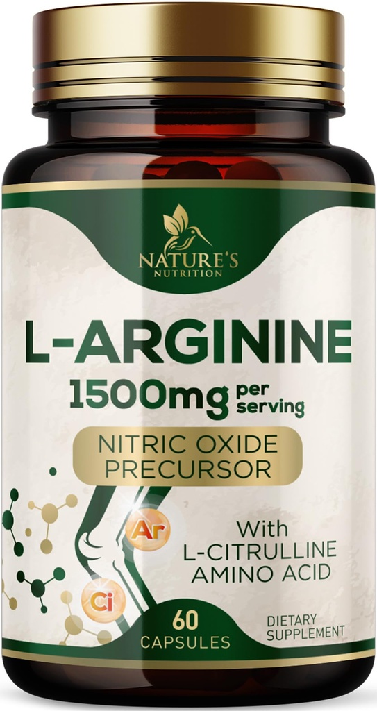 L-Arginine Extra Strength Supplement with L-Citrulline - 근육 지원 천연 질소 산화물 전구체 부스터 - 심장 건강 지원 - 미국 병에 대한 아미노산 에너지 혼합 - 60 캡슐