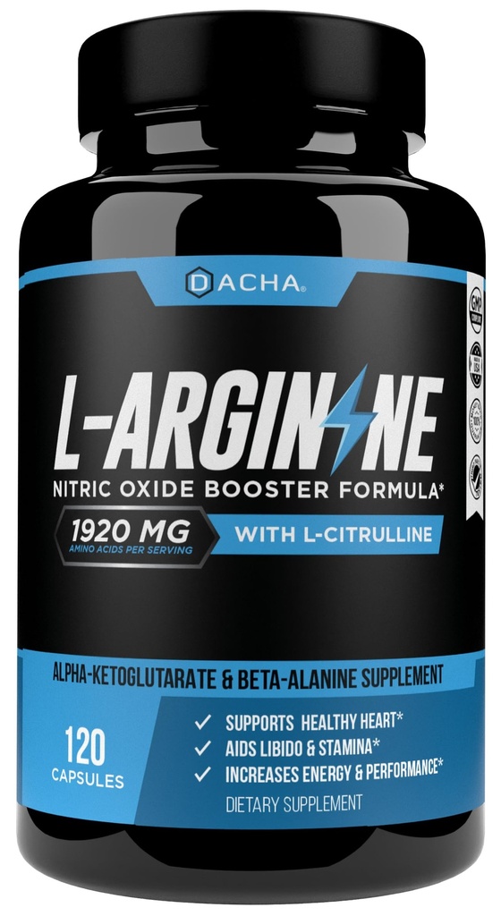 DACHA 프리미엄 L 아르기닌 알약 1920 MG - 120 VCAPS AAKG 니트로 산화물 전구체, L-Citrulline HCL, Beta 알라닌, 에너지, 근육 성장, 심장 건강, 관성 및 체력을 위한 필수 아미노산