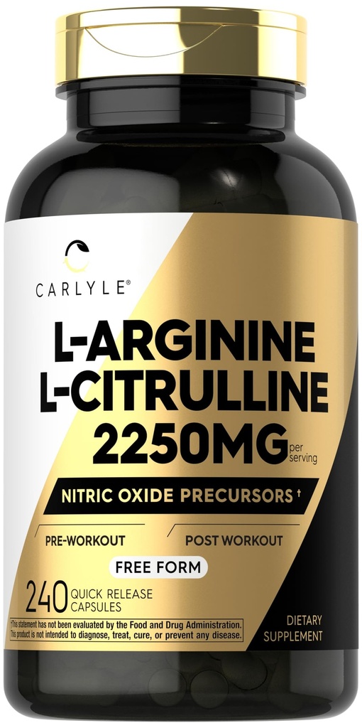 Carlyle L-Arginine L-Citrulline 보충교재 | 2250mg | 240의 분말 캡슐 | Nitric 산화물 전구 | Free Form | Non-GMO & 글루텐 프리