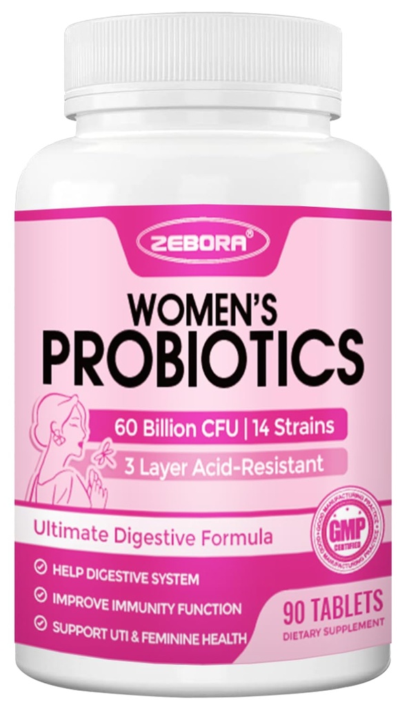 ZEBORA Probiotics for Women Digestive Health, Prebiotics and Probiotics with 60 Immune Support and Gut Health, 글루텐 & Soy Free, 90 정제