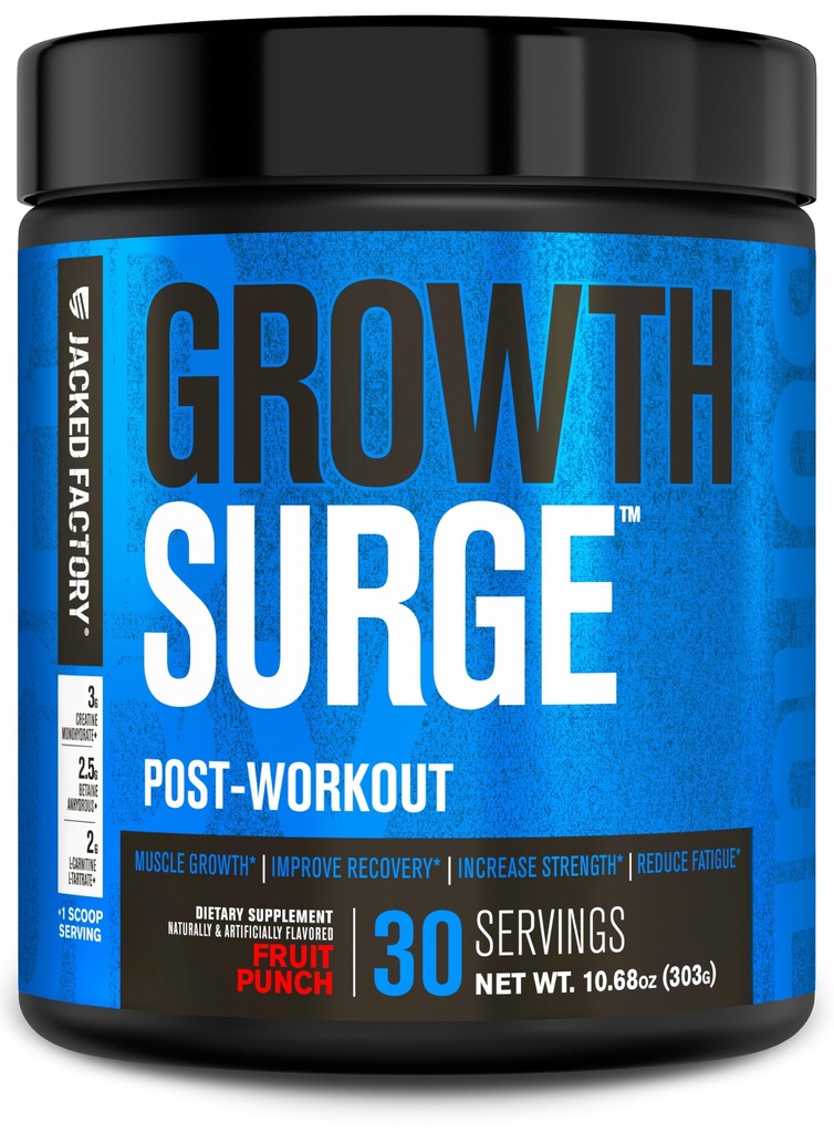 Jacked Factory Growth Surge Creatine Post Workout w/L-Carnitine - Creatine Monohydrate, Betaine, L-Carnitine L-Tartrate - 30 서빙, 과일 펀치와 일일 근육 빌더 및 복구 보충