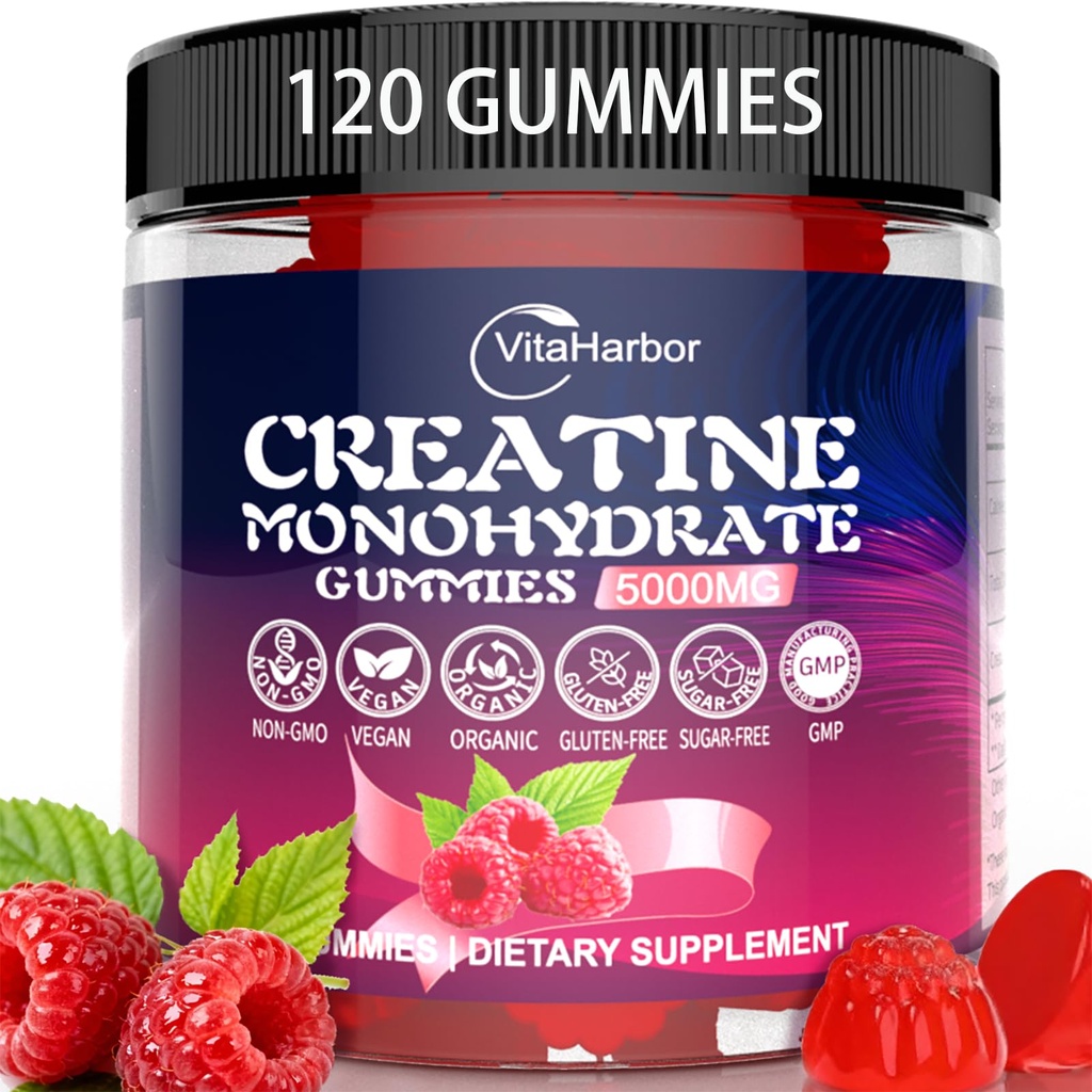Creatine Monohydrate Gummies 5000mg 남성 & 여성, 유기 순수한 Creatine Gummies | 설탕 무료, 비 GMO, Raspberry 맛, 120 개