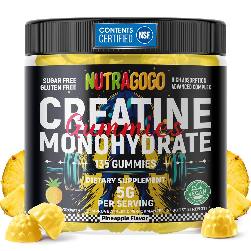 NSF 인증 크레아틴 거미 - 남성을위한 크레아틴 Monohydrate Gummies & 서빙 당 크레아틴 Monohydrate의 여성 5g - 설탕 무료, 채식, 파인애플 Electrolyte Chews, 135 조사