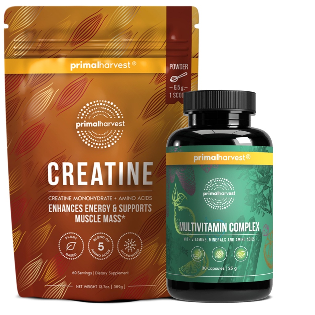 Primal Multivitamin + Primal Creatine Powder Bundle | 2-Pack | 일일 영양, 에너지 및 근육 강도 지원 | 30 서빙 각
