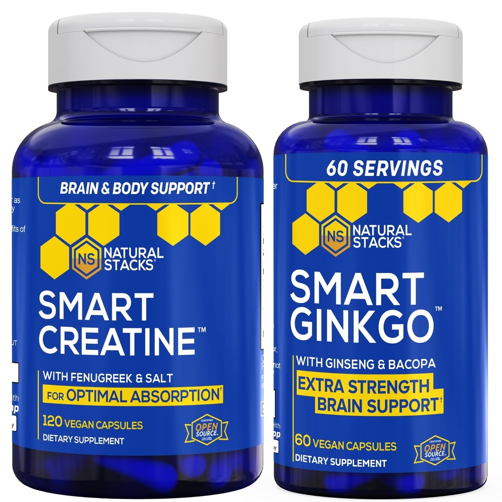 NATURAL STACKS Ginkgo Biloba + Creatine Monohydrate 번들 - 고급 흡수 공식 * - 추가 강도 뇌 지원 * - 180 총 캡슐