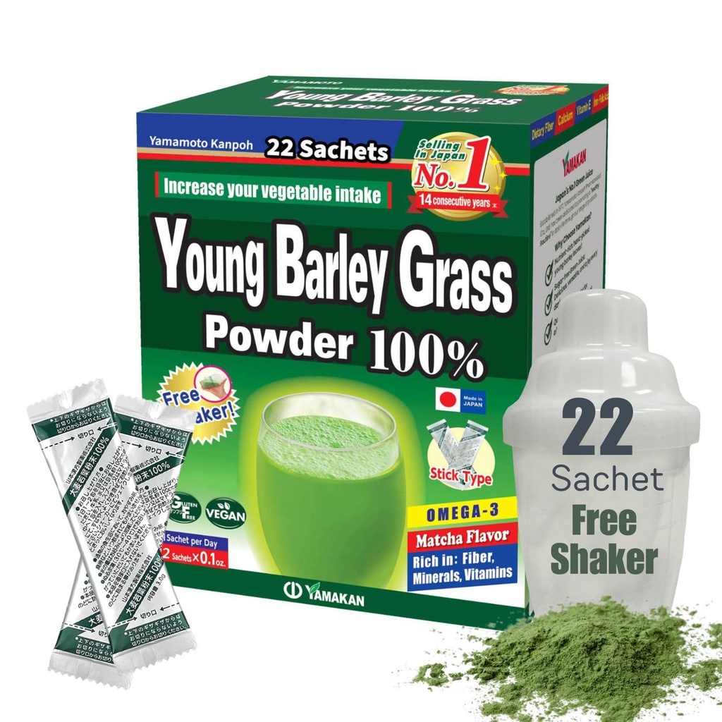 Yamamoto Kanpoh YAMAKAN Barley Grass Juice Powder, Young Barley Grass Powder Minerals, Vitamin & Plant-Based Protein for Women & Men, 일본, 비 GMO 22 Count
